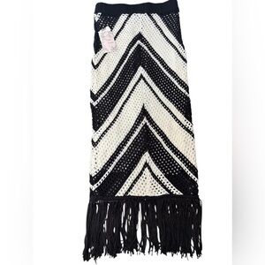 Willow & Wind Black Ivory Crochet Knit Fringe Skirt Cover Up Y2K